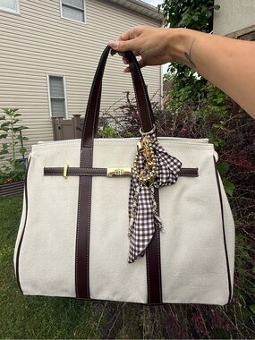 Viral Boatkin Canvas Tote Bag Brown Leather Trim NWT Coastal Granddaughter Tote